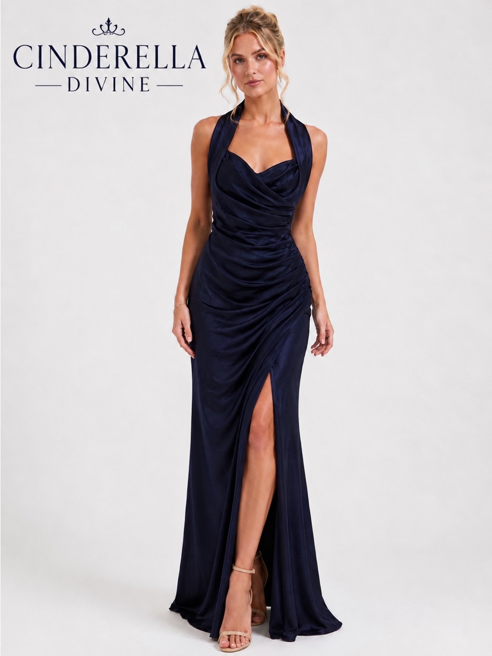 Cinderella Divine Navy Halter Ruched Evening Gown with Front Slit size12